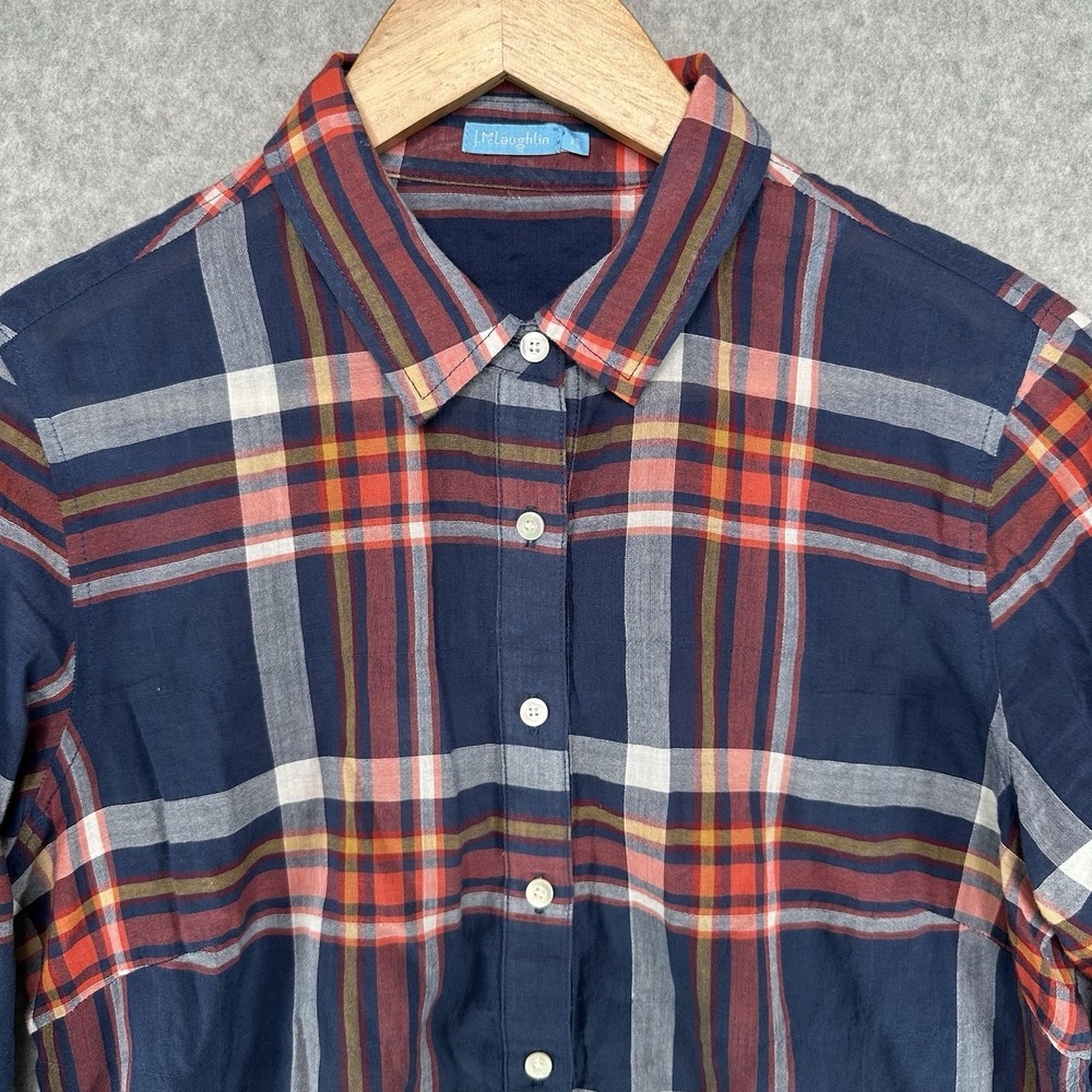 J.Mclaughlin Plaid Half-Button Tunic Shirt Collared Roll-Tab Sleeve Navy Blue XS